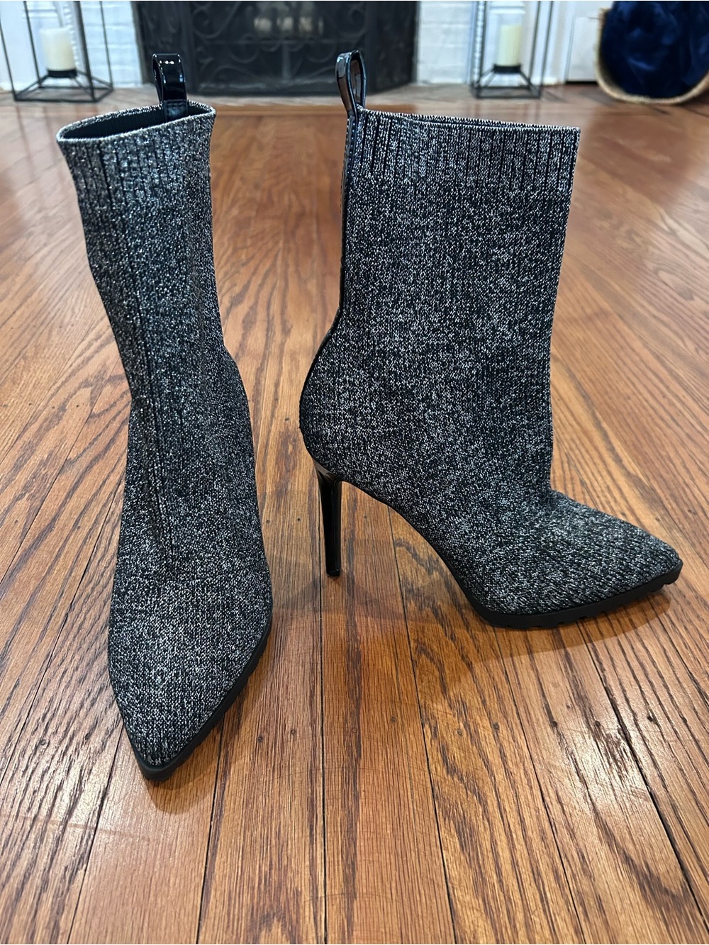 Women's Gray Knit Pointed-Toe Sock Booties - Ankle High Stiletto
